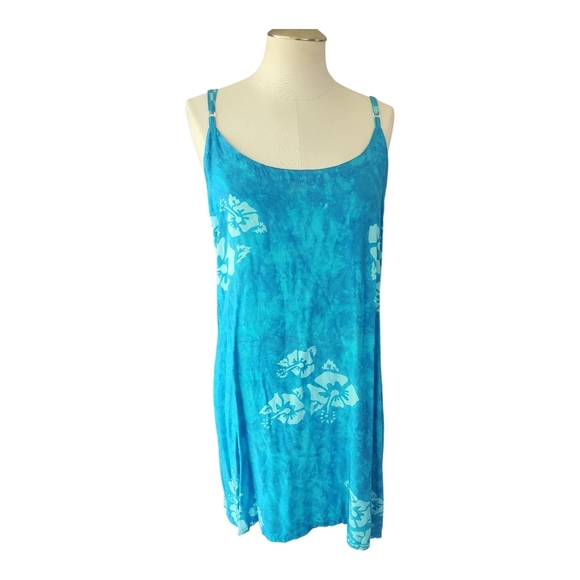 Santiki Blue Tie-Dye Floral Sundress – 100% Rayon, Made in Indonesia, Beachy L - Picture 1 of 8